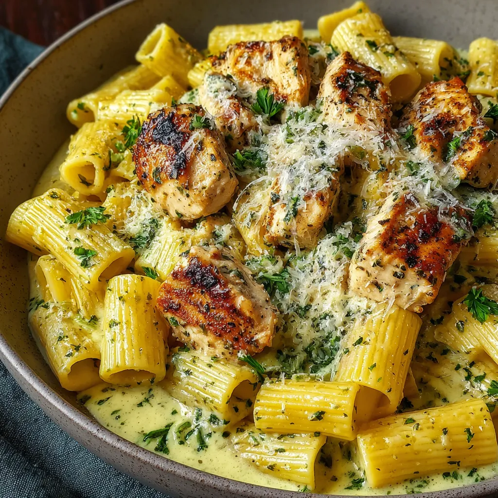 Close-up shows a delicious serving of Creamy Parmesan Chicken With Rigatoni Pasta, highlighting the creamy sauce and perfectly cooked pasta.