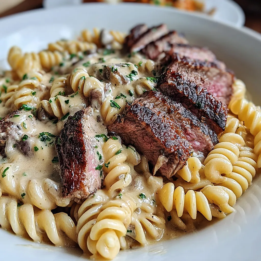 Close-up shot of a delicious plate of Creamy Steak Pasta, showcasing its creamy sauce and tender steak pieces.