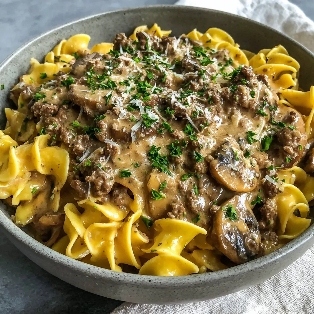 Close-up of creamy Ground Beef Stroganoff, a comforting and delicious meal.