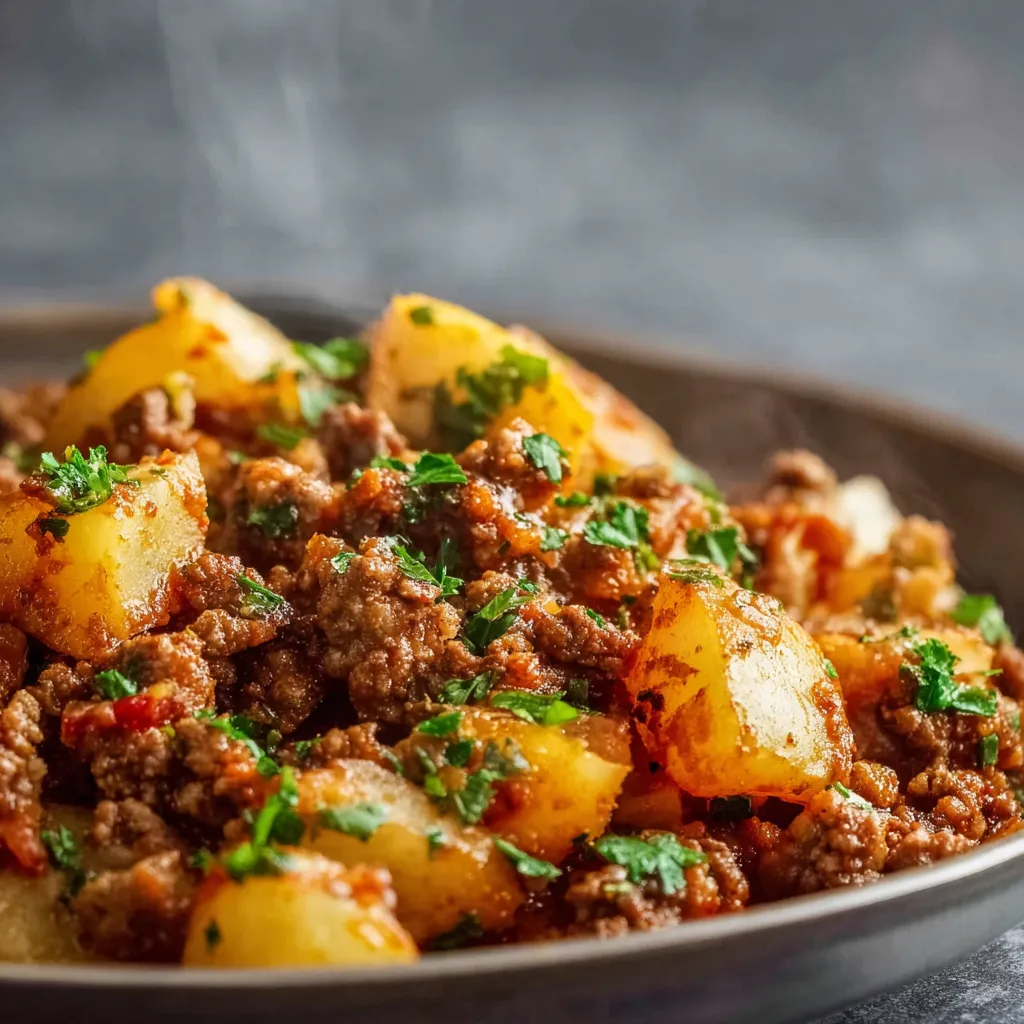 A close-up shows the delicious Ground Turkey Potato Skillet, cooked in a cast iron pan and ready to serve.