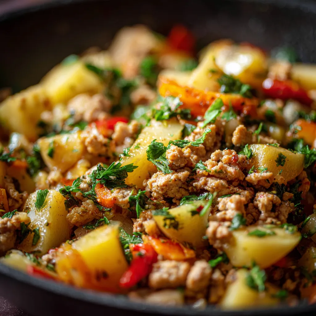 A close-up shot showcases the delicious Ground Turkey Potato Skillet, ready to be served.