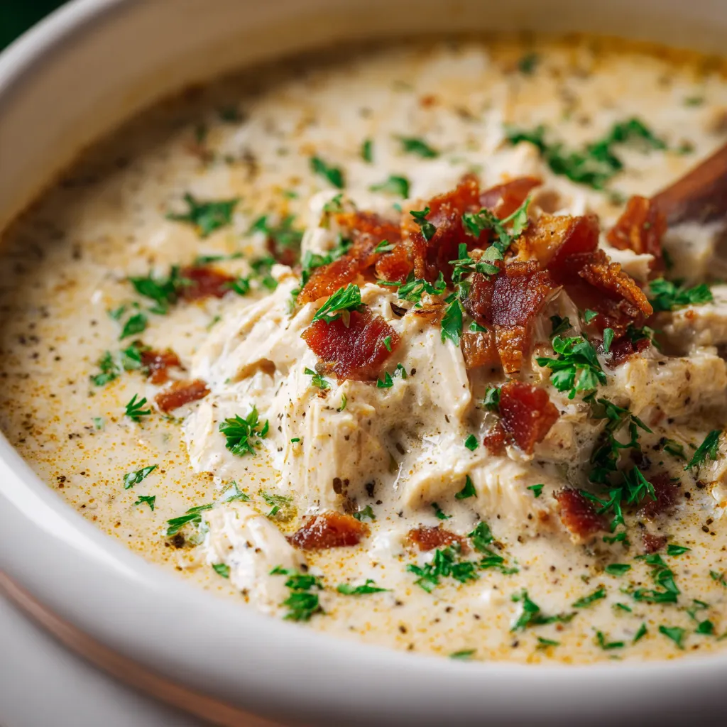 A creamy bowl of Keto Chicken Cream Cheese Soup is pictured, showcasing its rich texture and inviting presentation.
