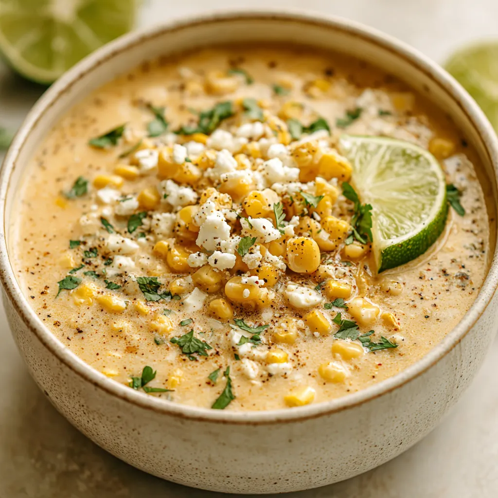 Close-up view of creamy Mexican Street Corn Soup in a bowl.