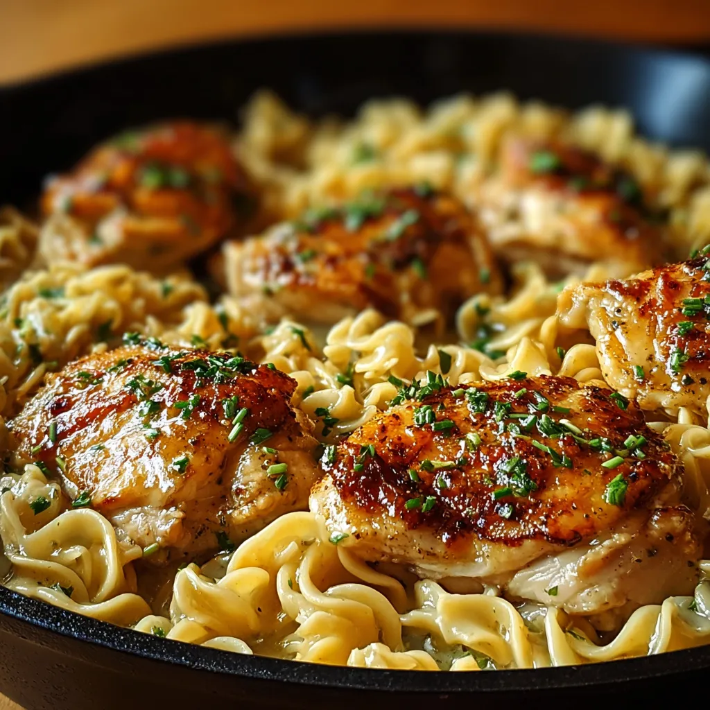 Close-up shot of delicious One-Pan Chicken With Buttered Noodles, highlighting the golden-brown chicken and creamy noodles.