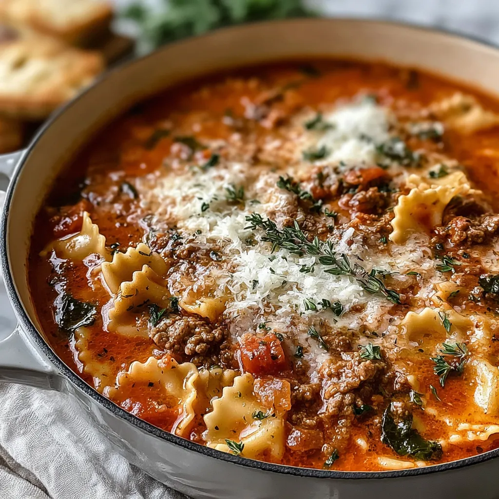 Close-up shot of a bowl of delicious One Pot Lasagna Soup, showcasing the layers of noodles, meat, and cheese.