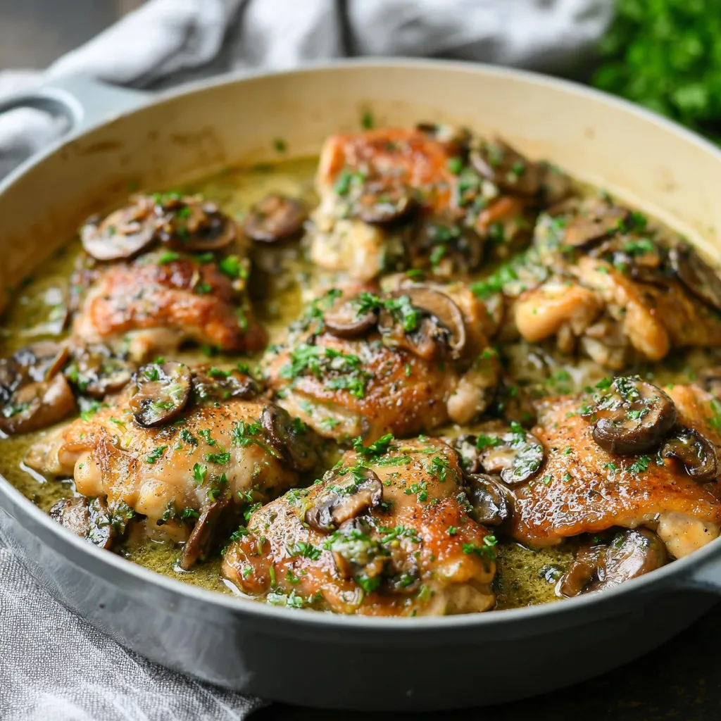 A close-up view showcases juicy, golden-brown Skillet Chicken Thighs cooked to perfection.