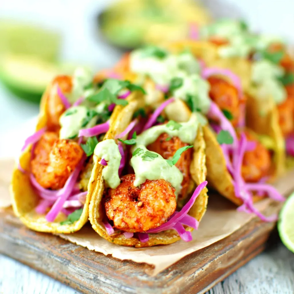 Close-up shot showcasing delicious Spicy Shrimp Tacos, highlighting the vibrant colors and textures of the dish.