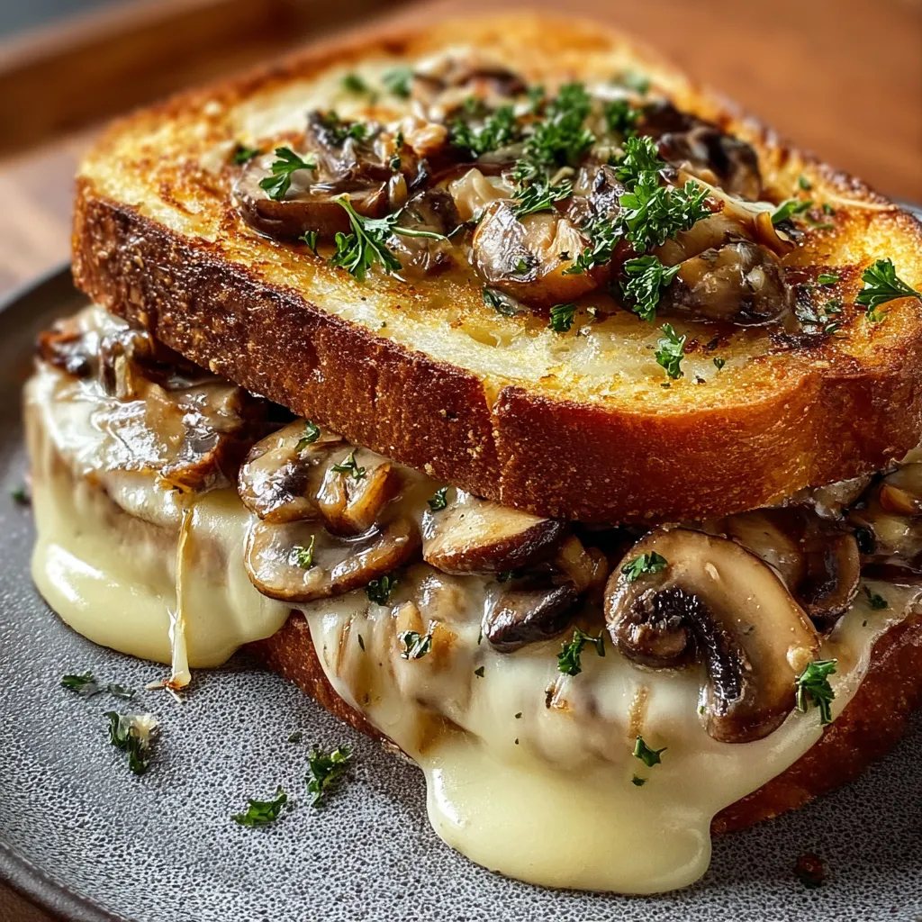 Close-up shot of a delicious Swiss Mushroom Melt showcasing melted cheese and sauteed mushrooms.