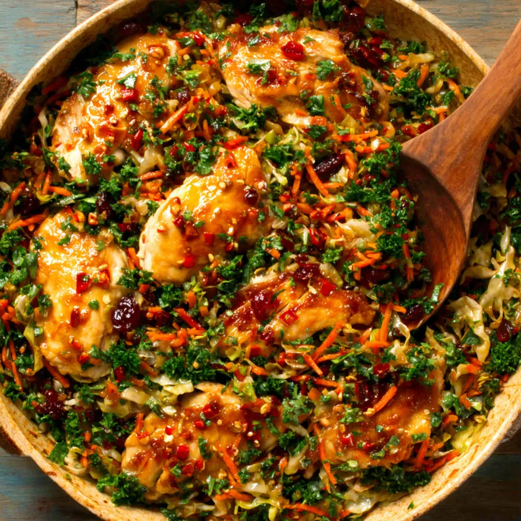 Close-up shot of the finished Thai Chicken Cabbage Skillet, showcasing the vibrant colors and textures of the dish.
