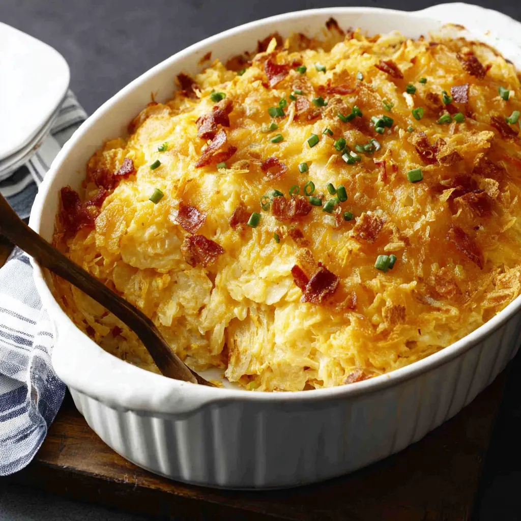 Close-up shows a creamy, cheesy serving of French Onion Funeral Potatoes, highlighting the golden-brown top and soft potato filling.