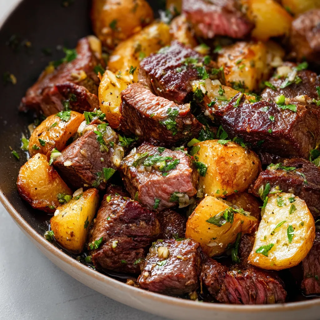 Close-up shot of savory Garlic Butter Steak Bites And Potatoes, showcasing the juicy steak and perfectly cooked potatoes.