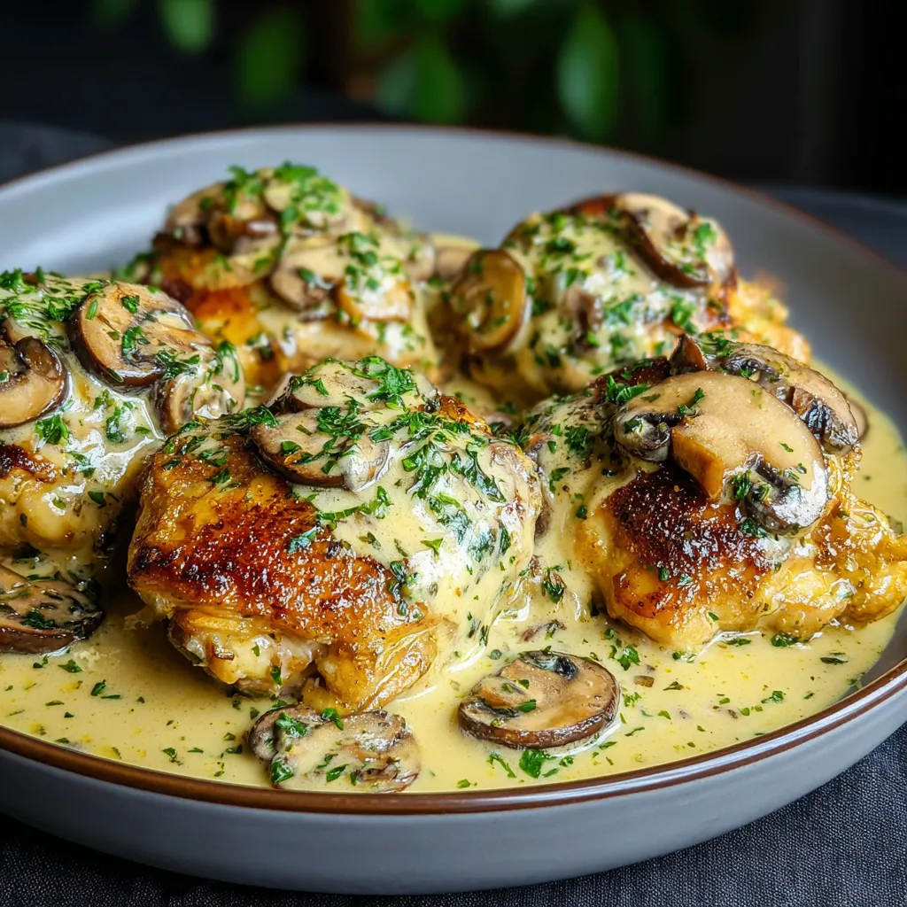 Close-up shot of prepared Garlic Mushroom Chicken Thighs, showcasing the juicy chicken and savory mushroom sauce.