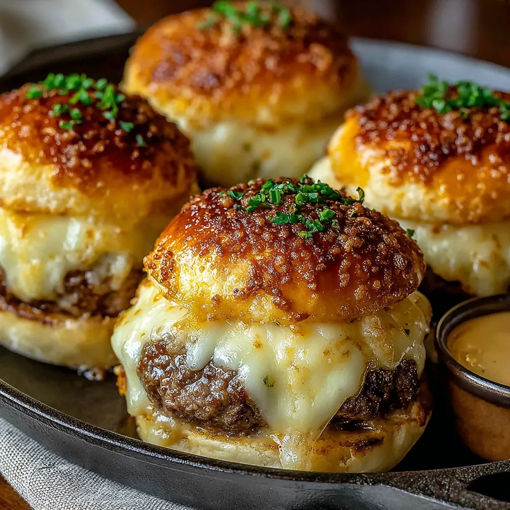 Close-up of delicious Garlic Parmesan Cheeseburger Bombs, showing their golden-brown, cheesy exterior.