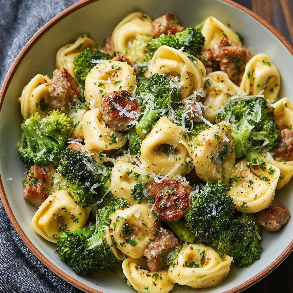 Close-up of a delicious plate of Garlic Parmesan Tortellini with Sausage and Broccoli, showcasing the creamy sauce and vibrant green broccoli florets.