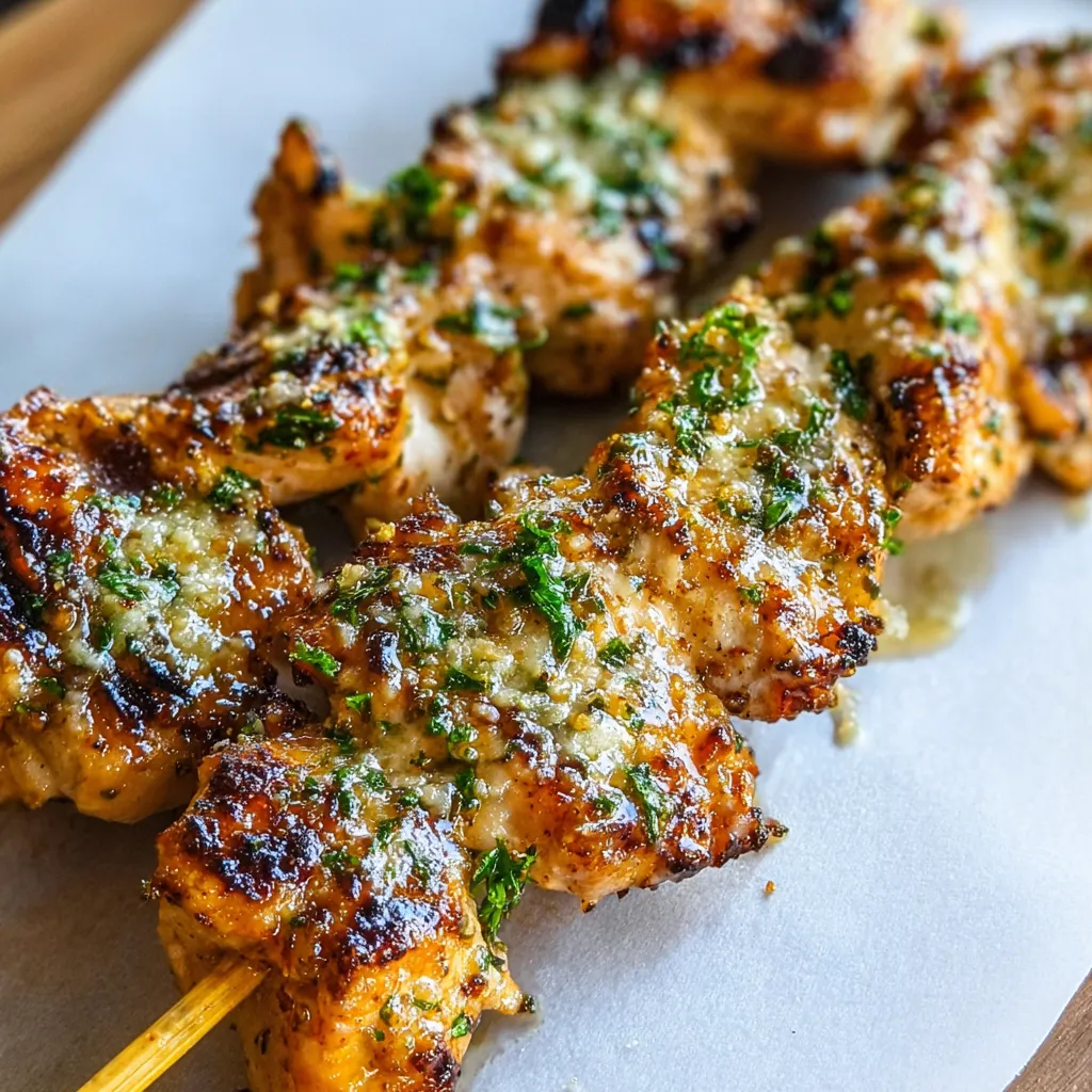 Close-up showing delicious Grilled Ranch Garlic Parmesan Chicken Skewers, perfectly grilled and ready to eat.