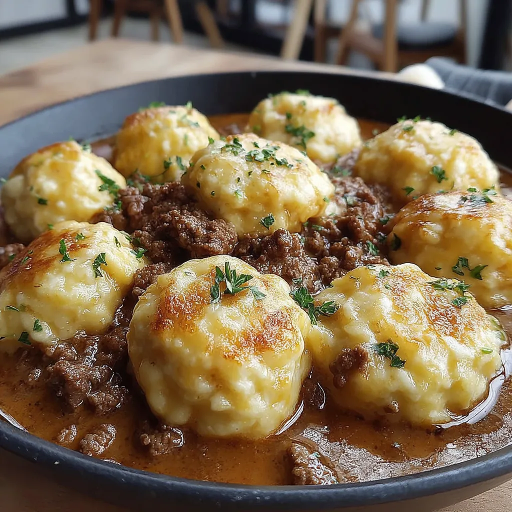 Close-up shot of a hearty bowl of Ground Beef And Dumplings, showcasing the tender beef and fluffy dumplings in a rich broth.