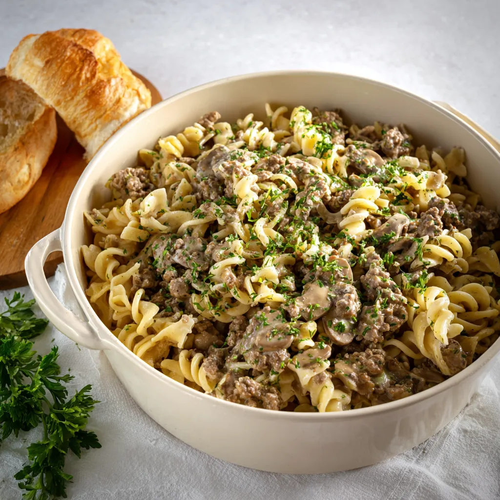 A close-up shot showcases a creamy serving of Ground Beef Stroganoff, ready to eat.