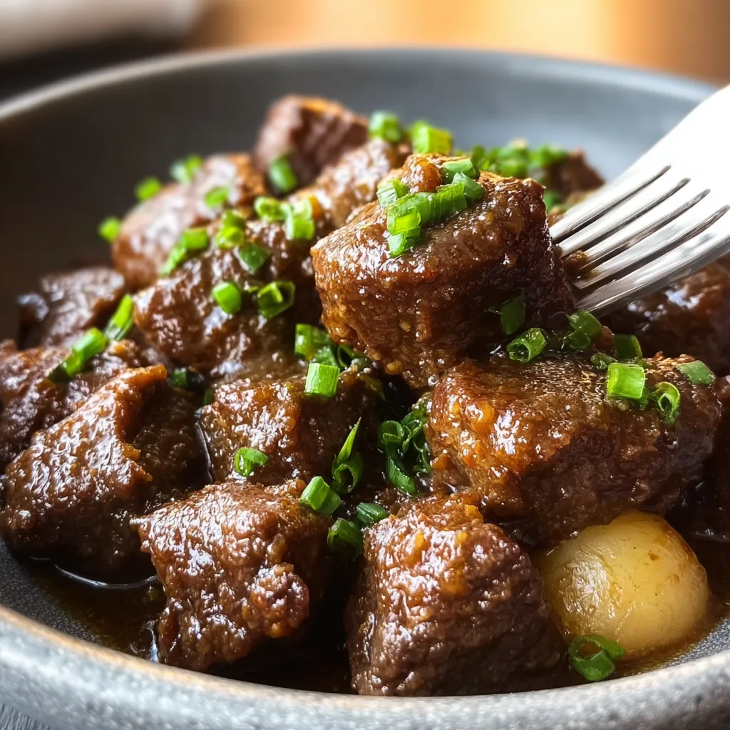 Close-up view of delicious and tender High Protein Slow Cooker Beef Bites ready to be served.