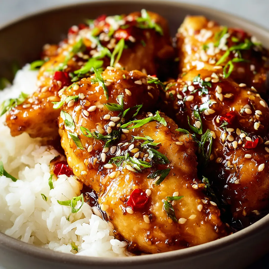 Close-up shot of glistening Honey Garlic Chicken, showcasing its sticky glaze and appealing texture.