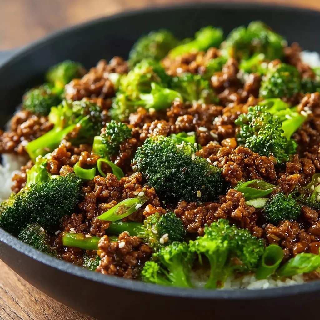 Close-up view of a delicious plate of Honey Garlic Ground Beef Broccoli, showcasing the saucy ground beef, vibrant green broccoli florets, and glistening honey garlic sauce.