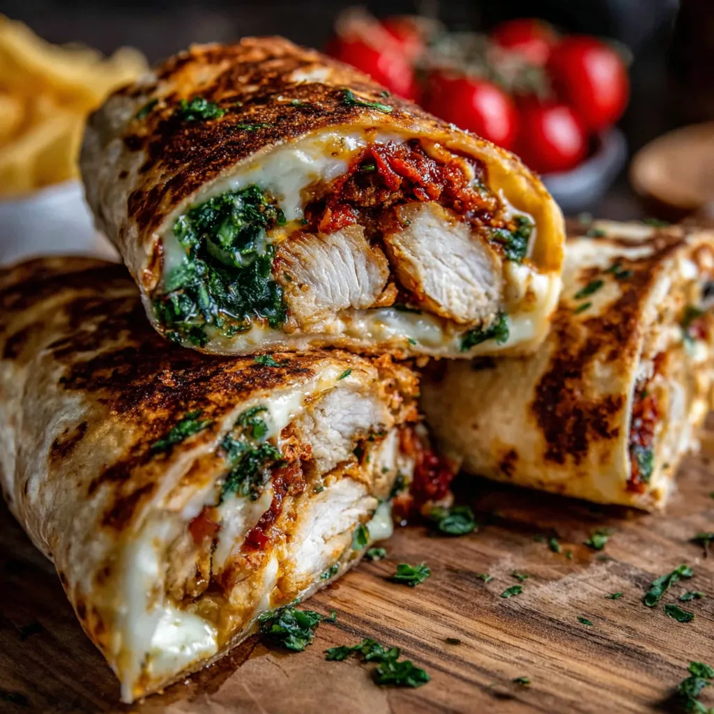 Close-up shows golden brown and crispy Air Fryer Chicken Mozzarella Wraps, ready to eat.