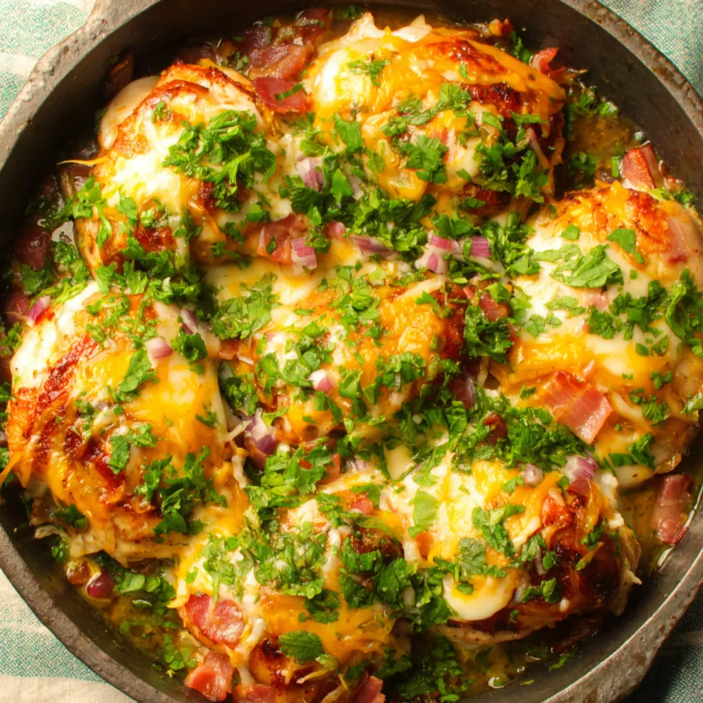 A close-up shot of perfectly cooked Alice Springs Chicken showcases its juicy texture and delicious toppings.