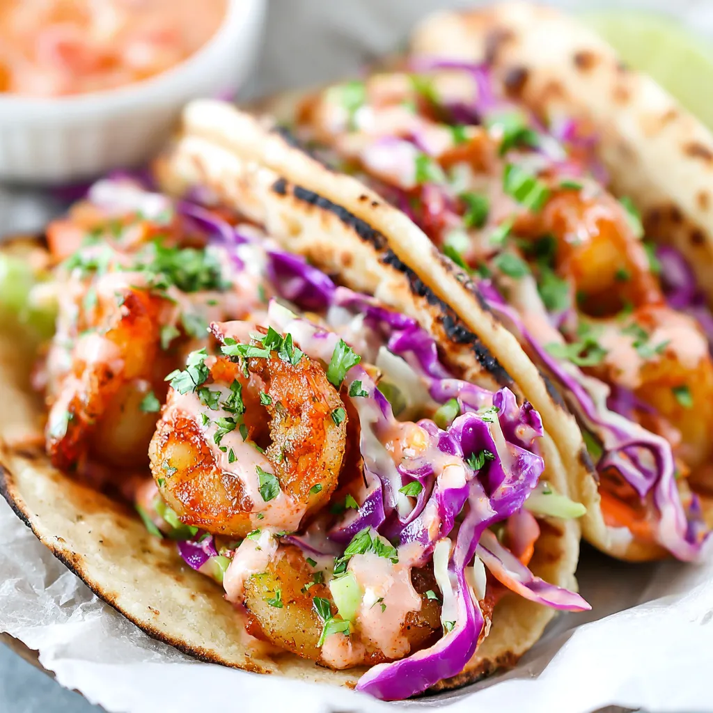 Close-up view of a delicious Bang Bang Shrimp Taco, showcasing the creamy sauce and fresh toppings.