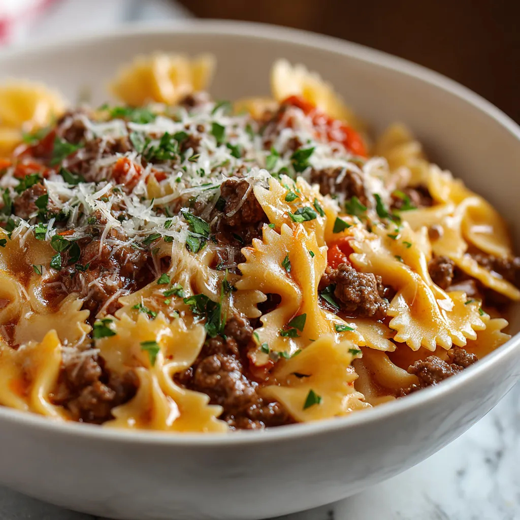 Close-up of a plate featuring delicious Bowtie Pasta With Ground Beef, ready to be enjoyed.