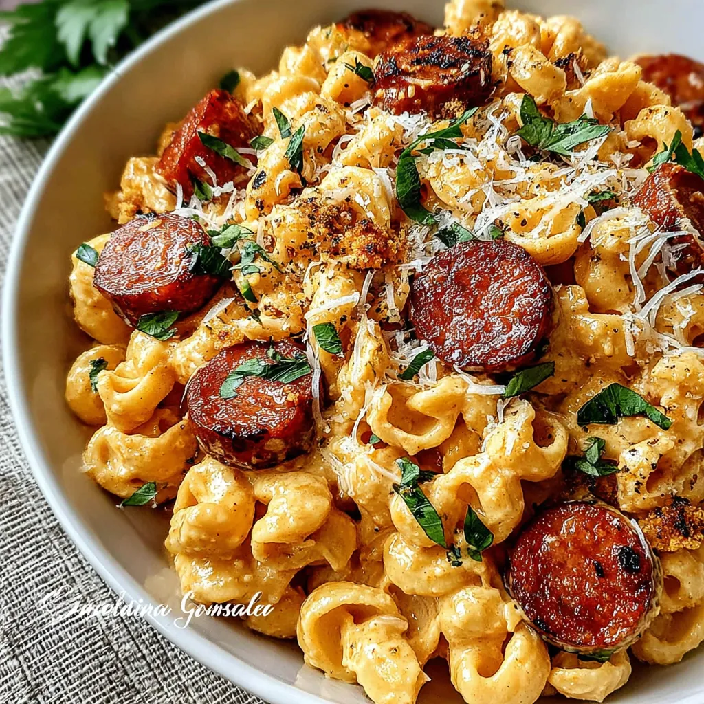 Close-up shot of creamy Cajun Smoked Sausage Alfredo Pasta served in a bowl, showcasing the delicious ingredients and texture.