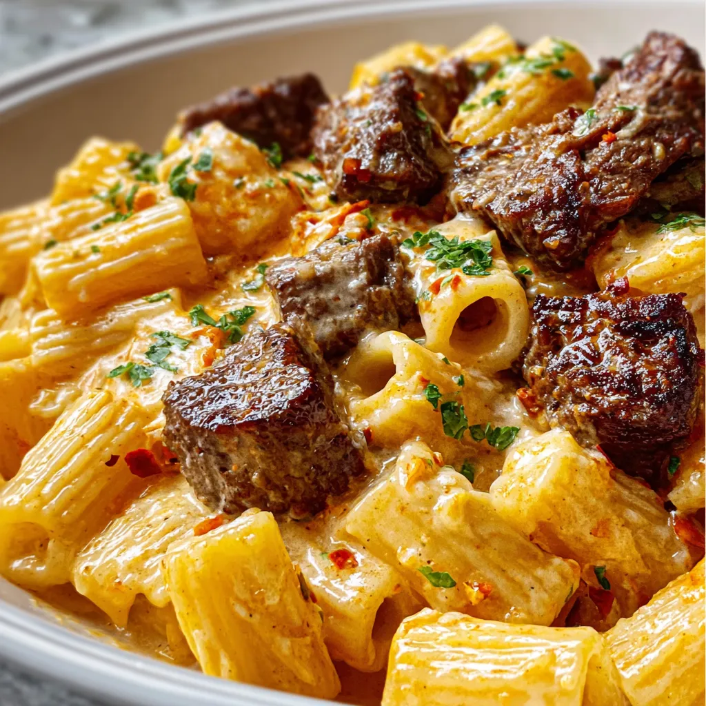 Close-up shot of a finished dish of Cajun Steak Tips In Creamy Rigatoni Parmesan Bake, showcasing the creamy sauce and perfectly cooked steak.