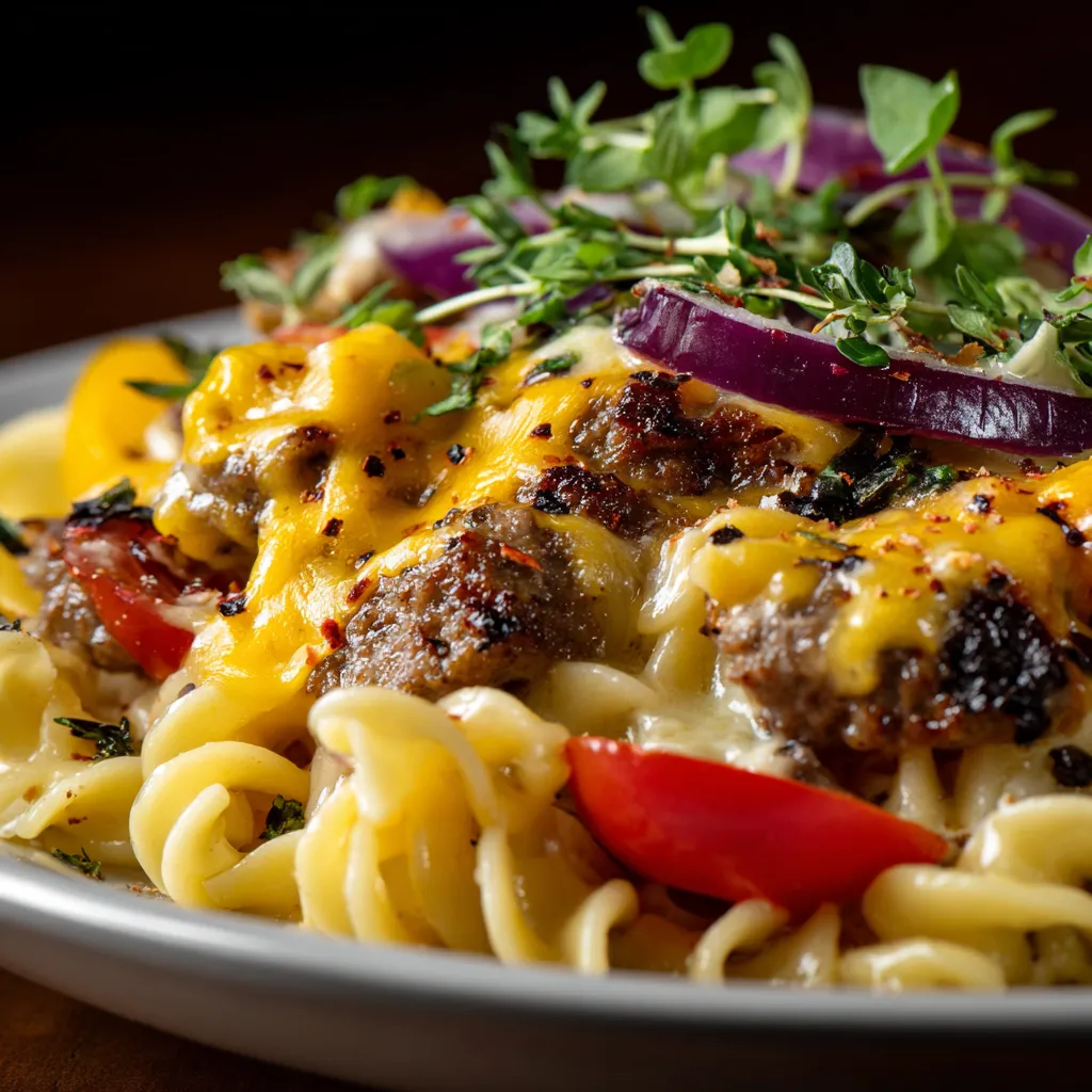 Close-up of creamy Cheeseburger Alfredo Pasta in a bowl, showcasing the cheesy sauce and ground beef.