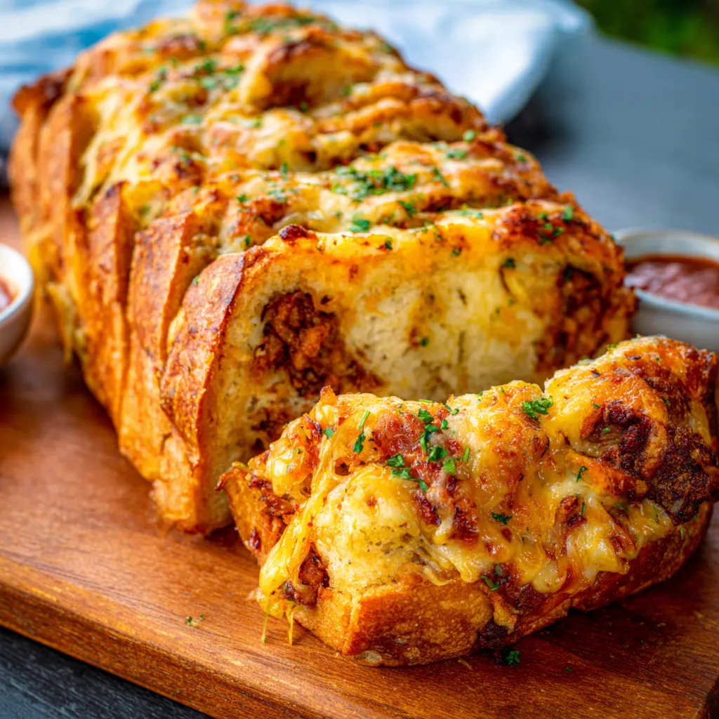 Close-up of delicious, homemade Cheesy Garbage Bread, ready to be enjoyed.