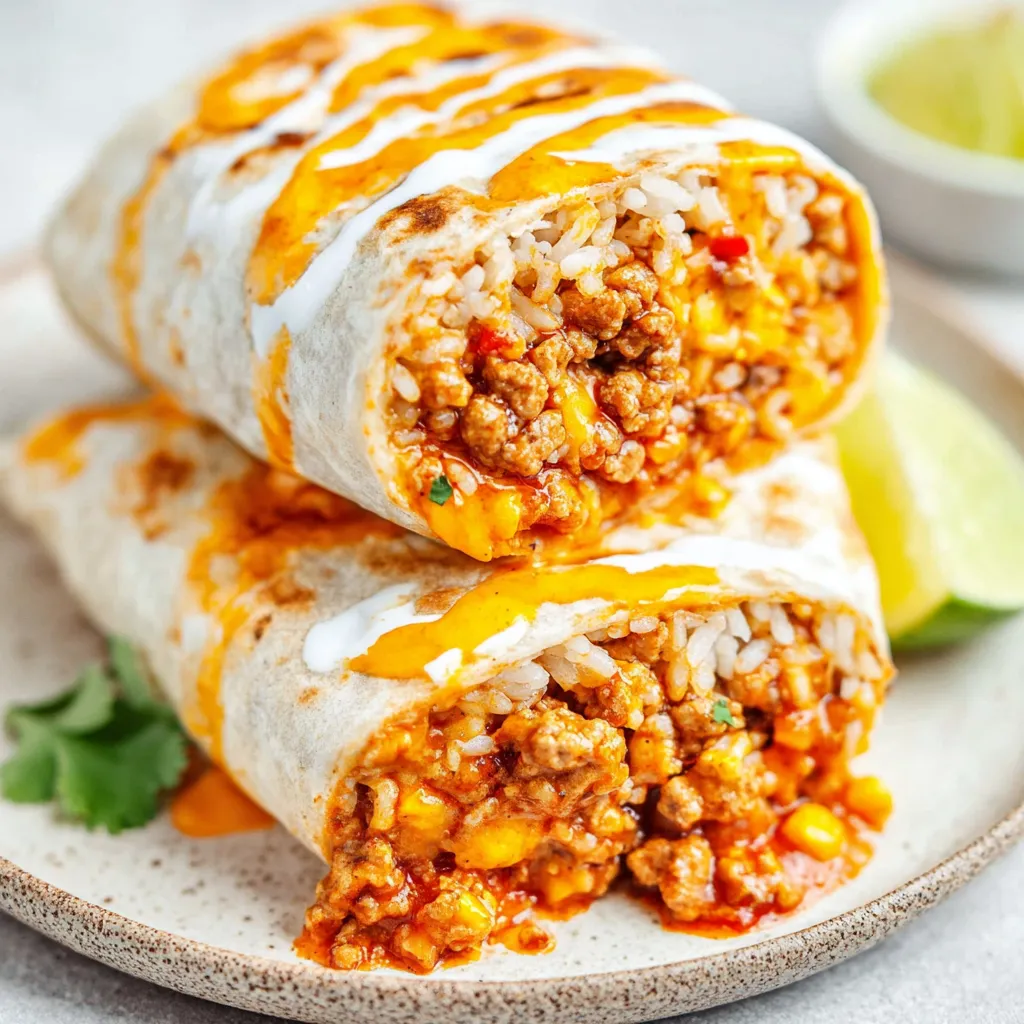 Close-up shot of delicious homemade Cheesy Ground Chicken & Rice Burritos ready to be enjoyed.