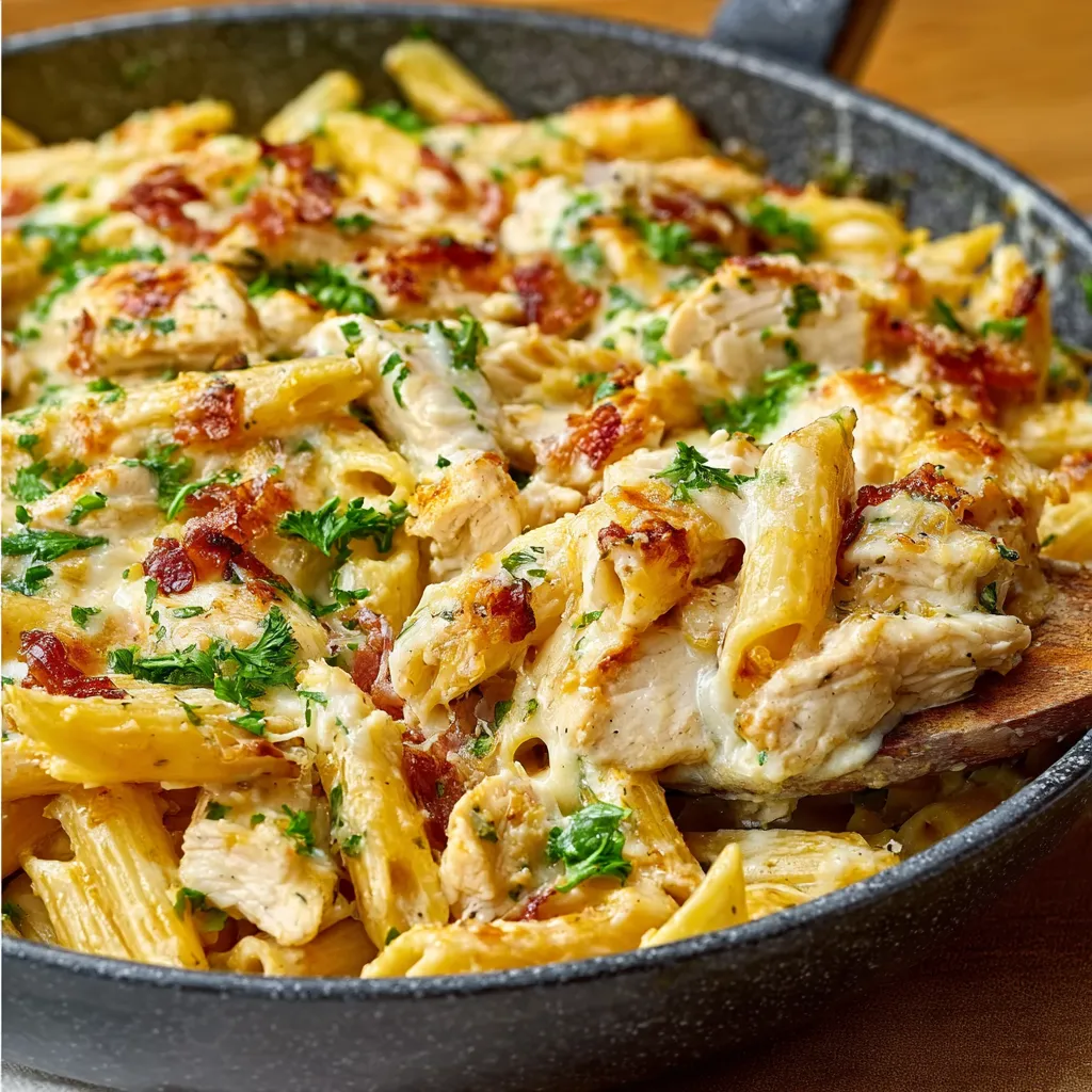 Close-up of creamy Crack Chicken Penne dish in a serving bowl, showcasing the cheesy sauce and tender chicken.