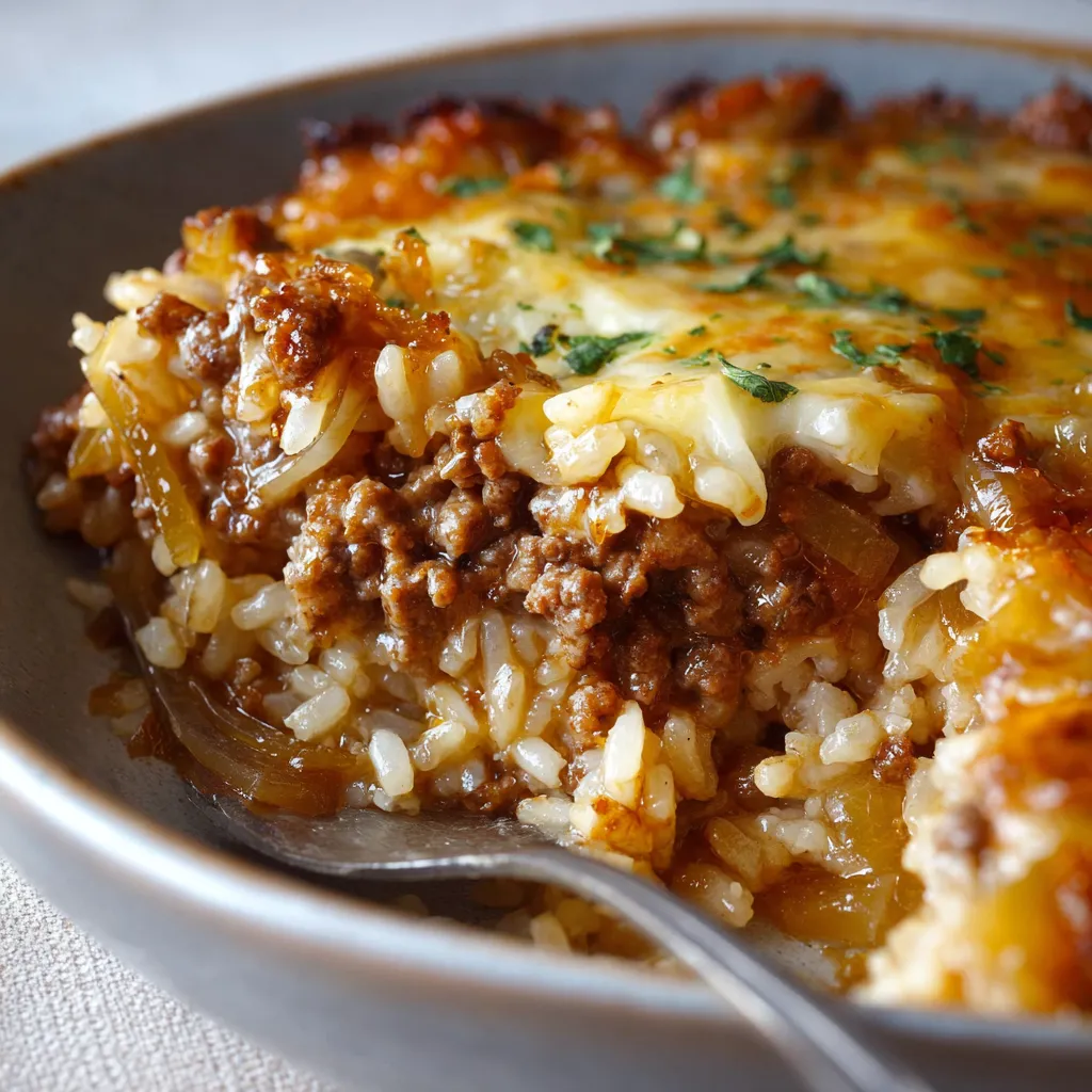 A close-up shot showcases a bubbling, golden-brown French Onion Beef Casserole ready to be served.