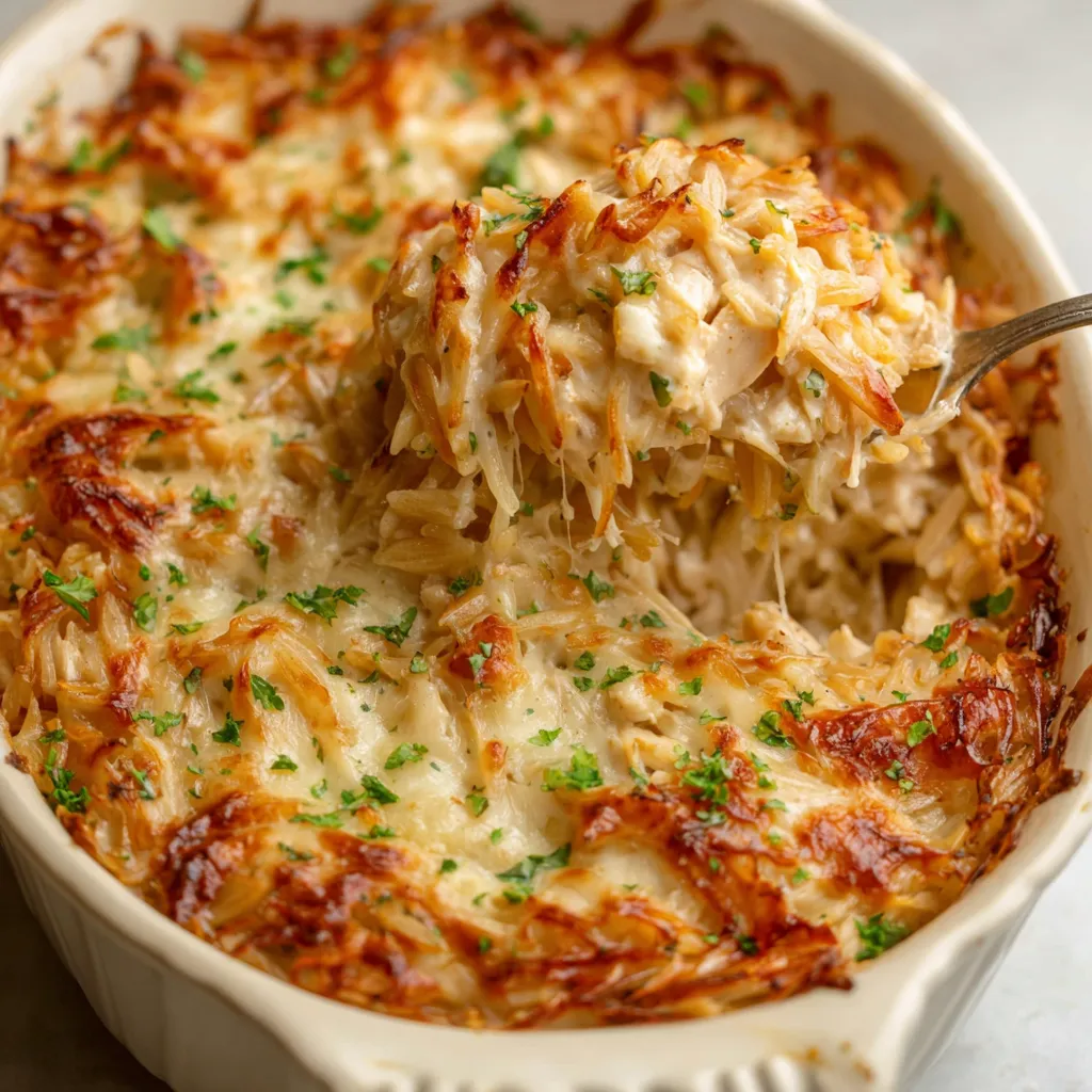 Close-up view of a freshly baked French Onion Chicken Orzo Bake, showcasing the golden-brown, bubbly cheese topping and creamy orzo pasta.