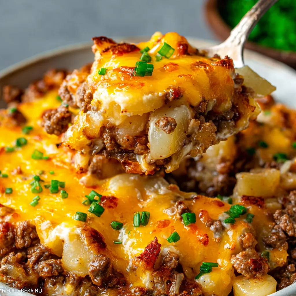 A close-up view showcases the layers and textures of a delicious Hobo Casserole Ground Beef, ready to be enjoyed.