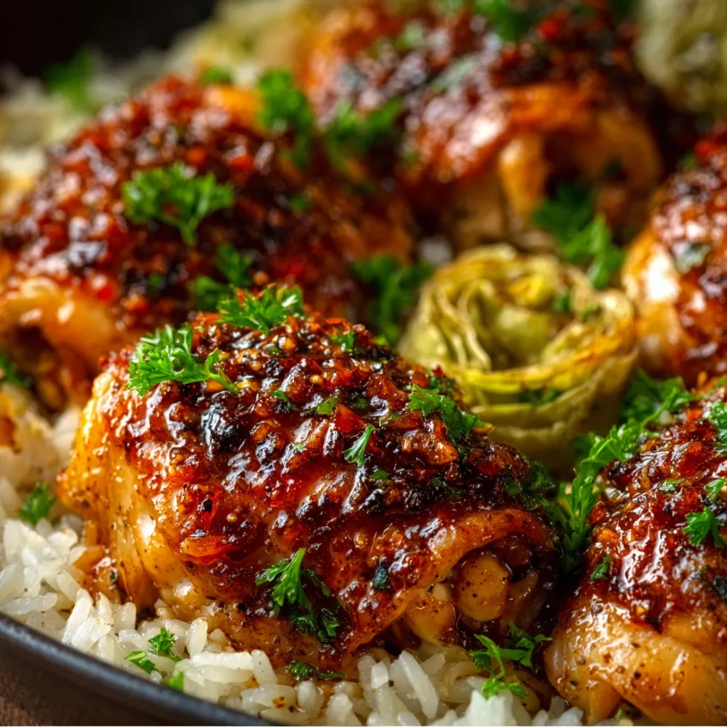 Close-up shot of delicious Honey Butter Garlic Chicken and Rice, showcasing the glistening sauce and tender chicken pieces.