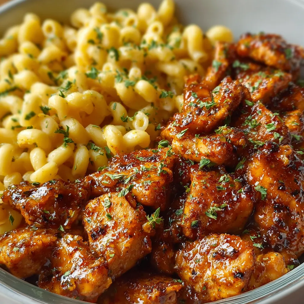 A close-up view showcases a delicious plate of Honey Garlic Butter Chicken, highlighting its glistening sauce and tender chicken pieces.