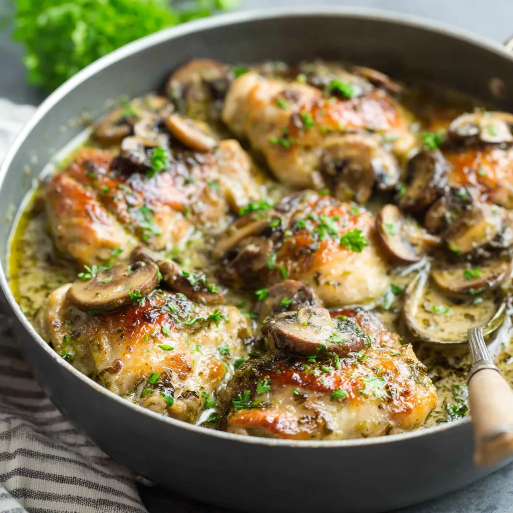A close-up shows savory Keto One-Skillet Chicken Thighs sizzling in a cast-iron skillet, ready to be served.