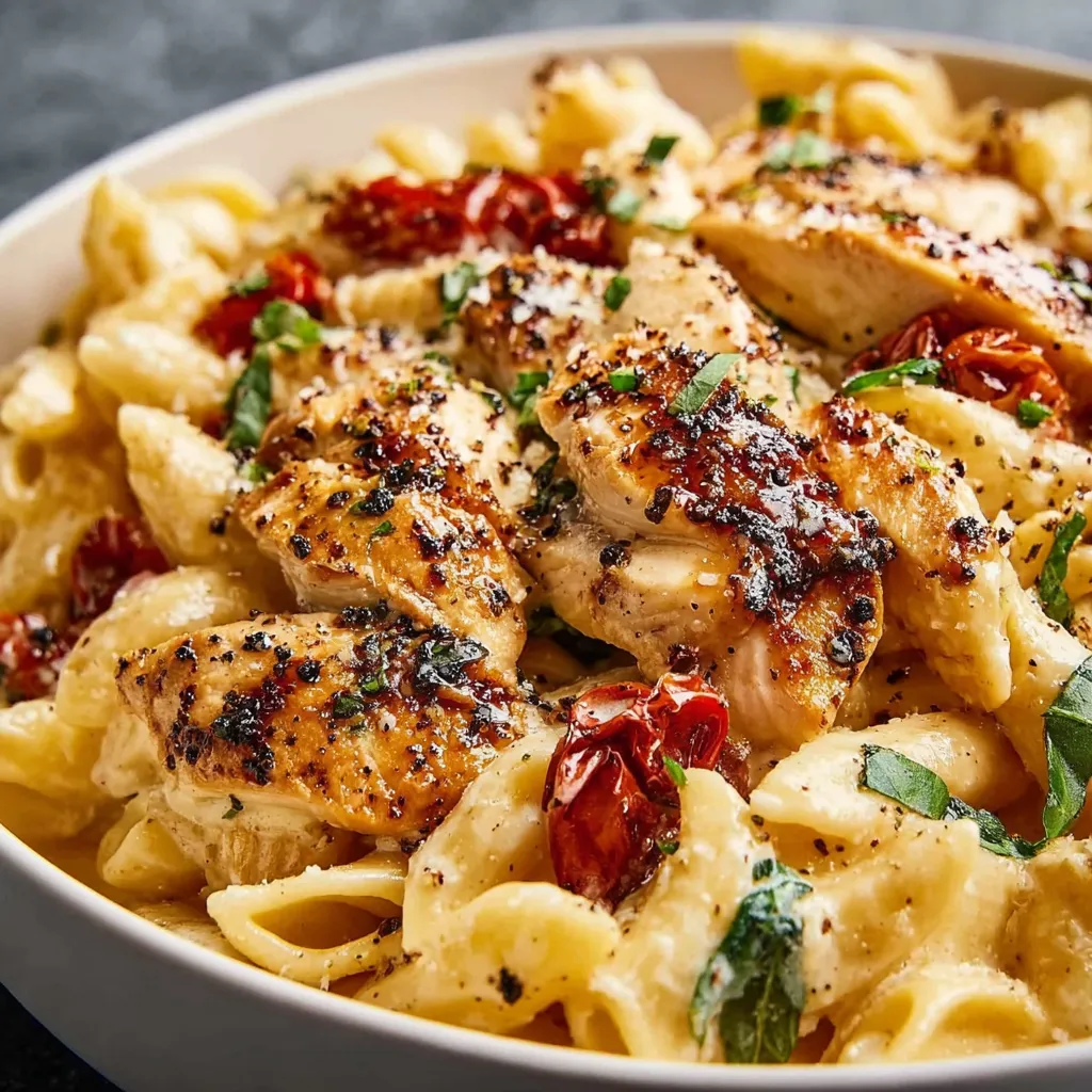 Close-up view of creamy Marry Me Chicken Pasta, showcasing its rich sauce and tender chicken pieces.