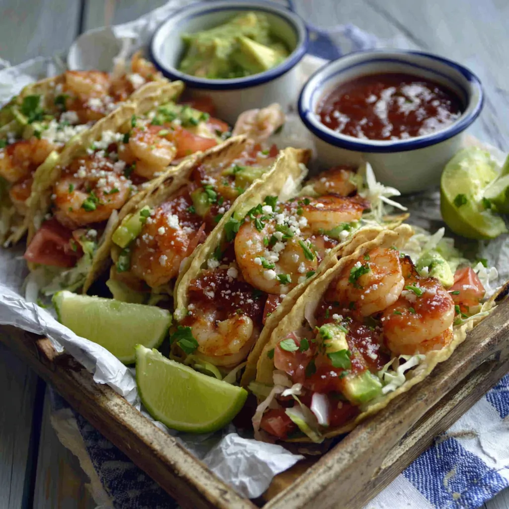 A close-up shot showcases the delicious Shrimp Tacos, overflowing with fresh toppings and a creamy sauce.