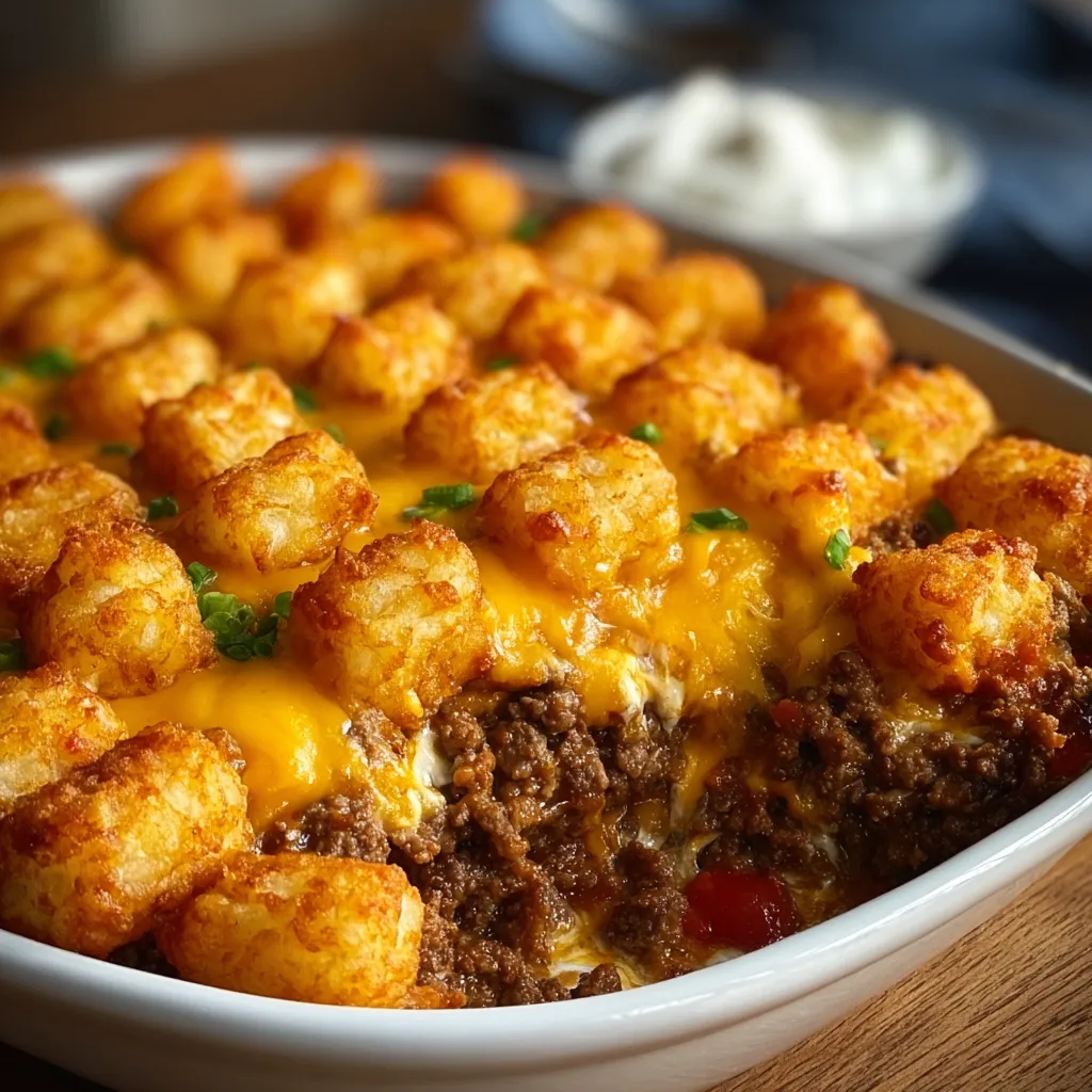 Close-up of a freshly baked Tater Tot Casserole, showing the golden brown tater tots and creamy filling.