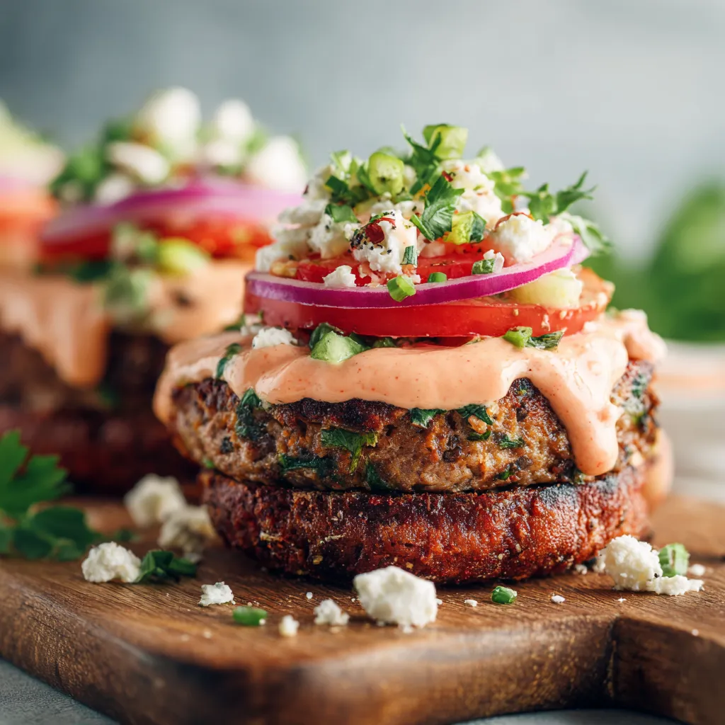 Close-up shows the juicy Keto Feta Burgers, ready to be enjoyed as part of a delicious and healthy meal.