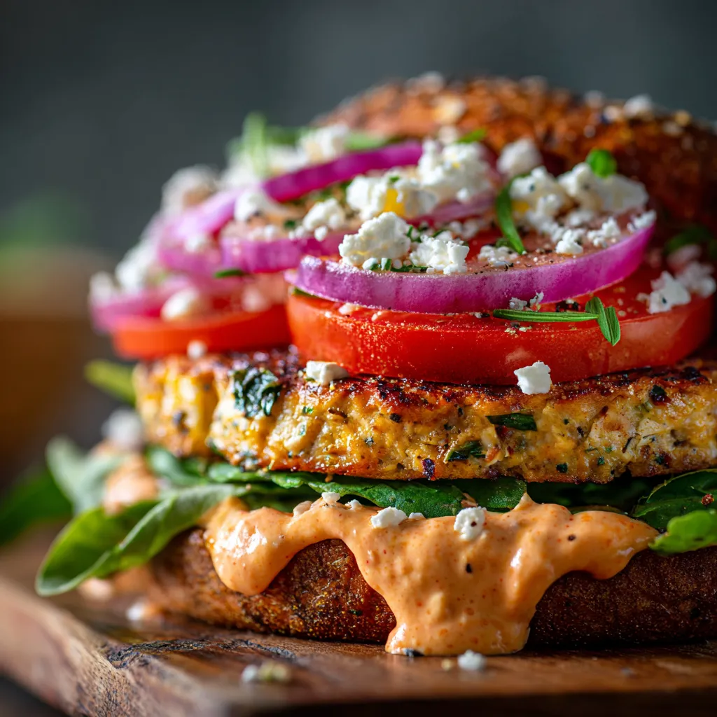 Close-up shot of a delicious Keto Feta Burgers, showing the juicy patty and feta cheese.