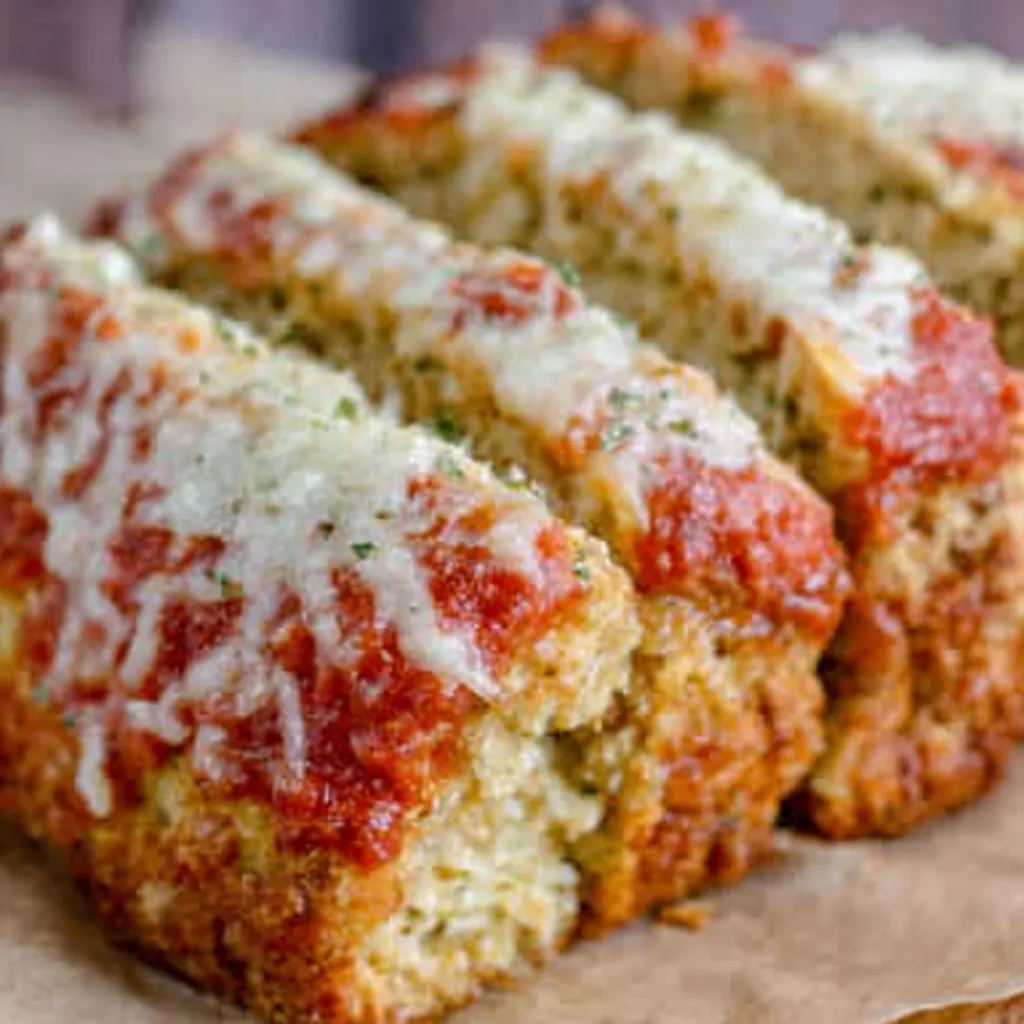 Close-up of a slice of juicy Parmesan Chicken Meatloaf, showcasing the texture and cheesy topping.