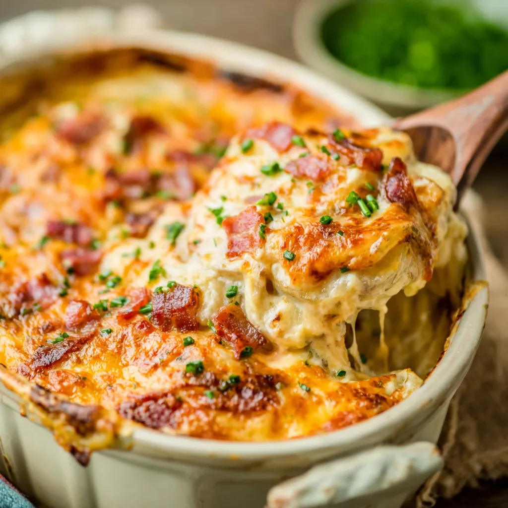 Creamy Parmesan Scalloped Potatoes with layers of tender sliced potatoes and a golden brown cheesy topping.