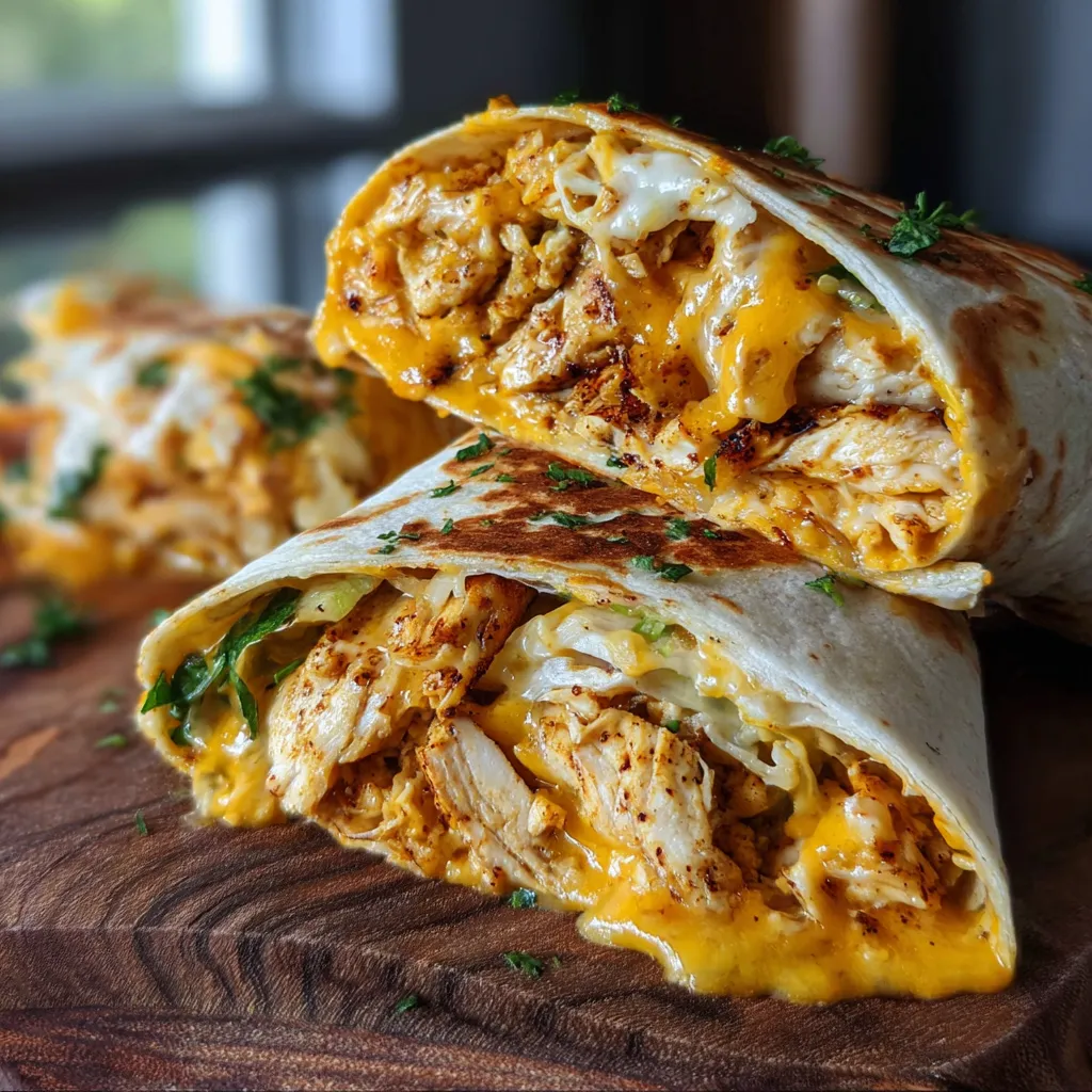 Close-up view of delicious Cheesy Garlic Chicken Wraps, showcasing the melted cheese and juicy chicken filling.