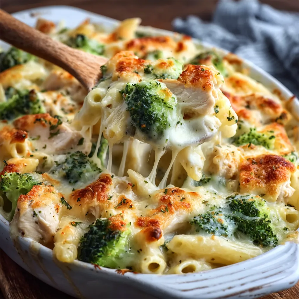A close-up shot showcases the creamy Chicken Broccoli Alfredo Bake bubbling hot from the oven, highlighting the golden-brown cheese topping and tender chicken and broccoli pieces.