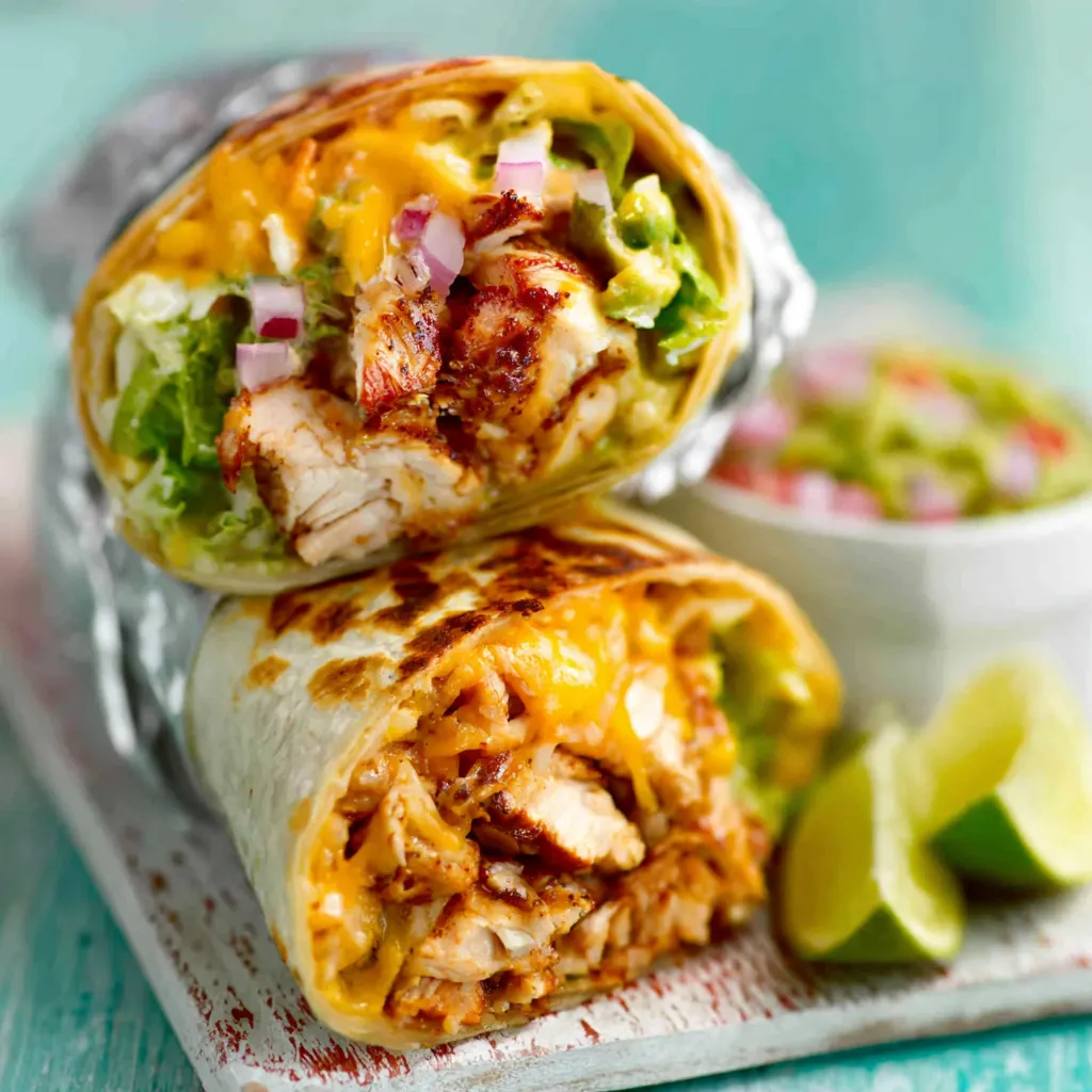 A close-up shot showcasing the delicious filling inside a freshly made Chicken Burrito.